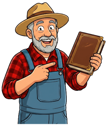 Hank, in his flannel and overalls, pointing at the handbook